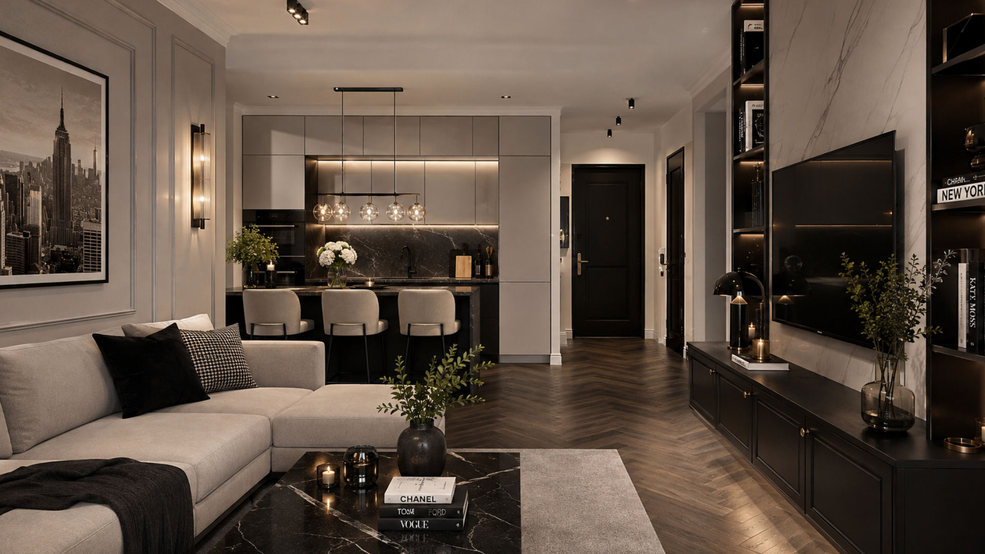 Projektowanie wnętrz Lublin – nowoczesny salon z kuchnią w małym mieszkaniu
