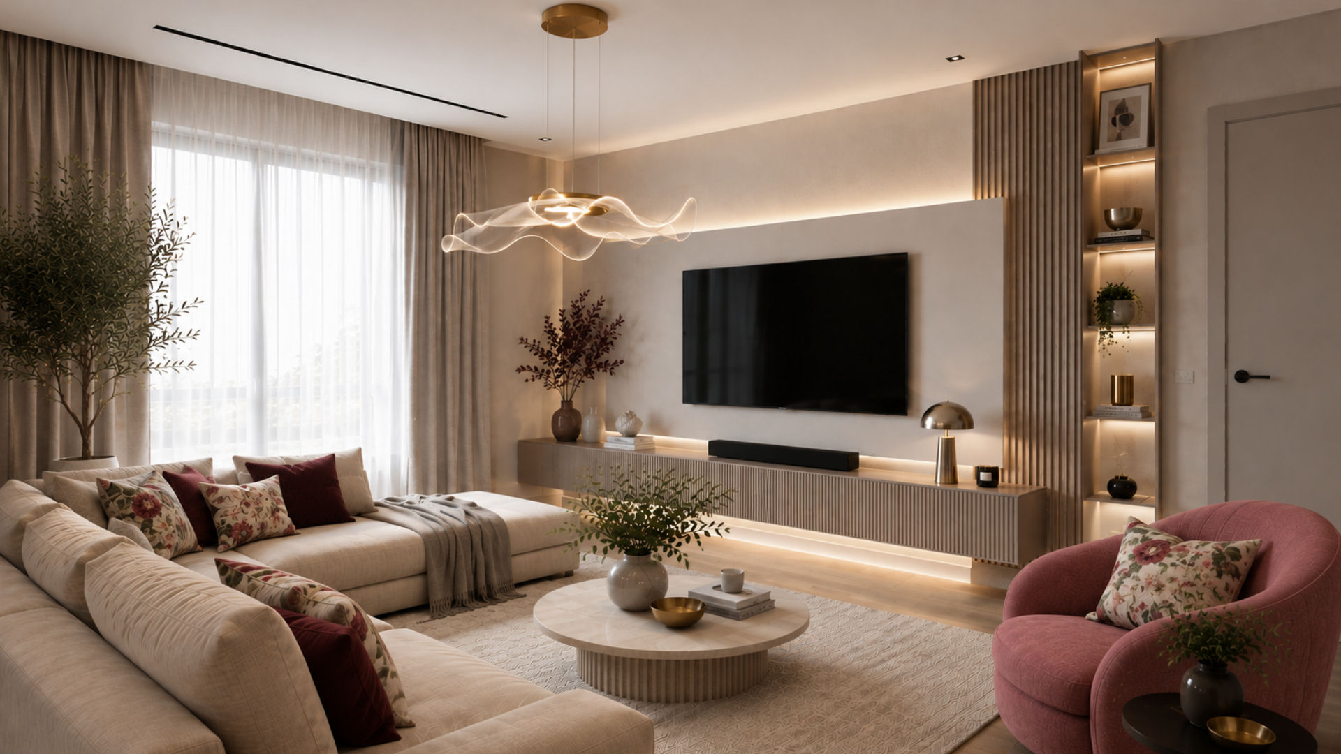 Nowoczesny salon z burgundowymi akcentami i beżową sofą – projektowanie wnętrz Lublin