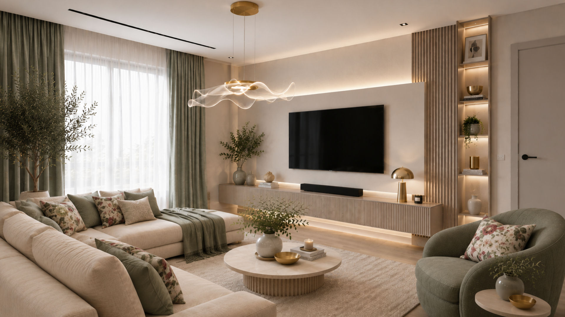 Nowoczesny salon z szałwiową zielenią i beżową sofą – projektowanie wnętrz Lublin