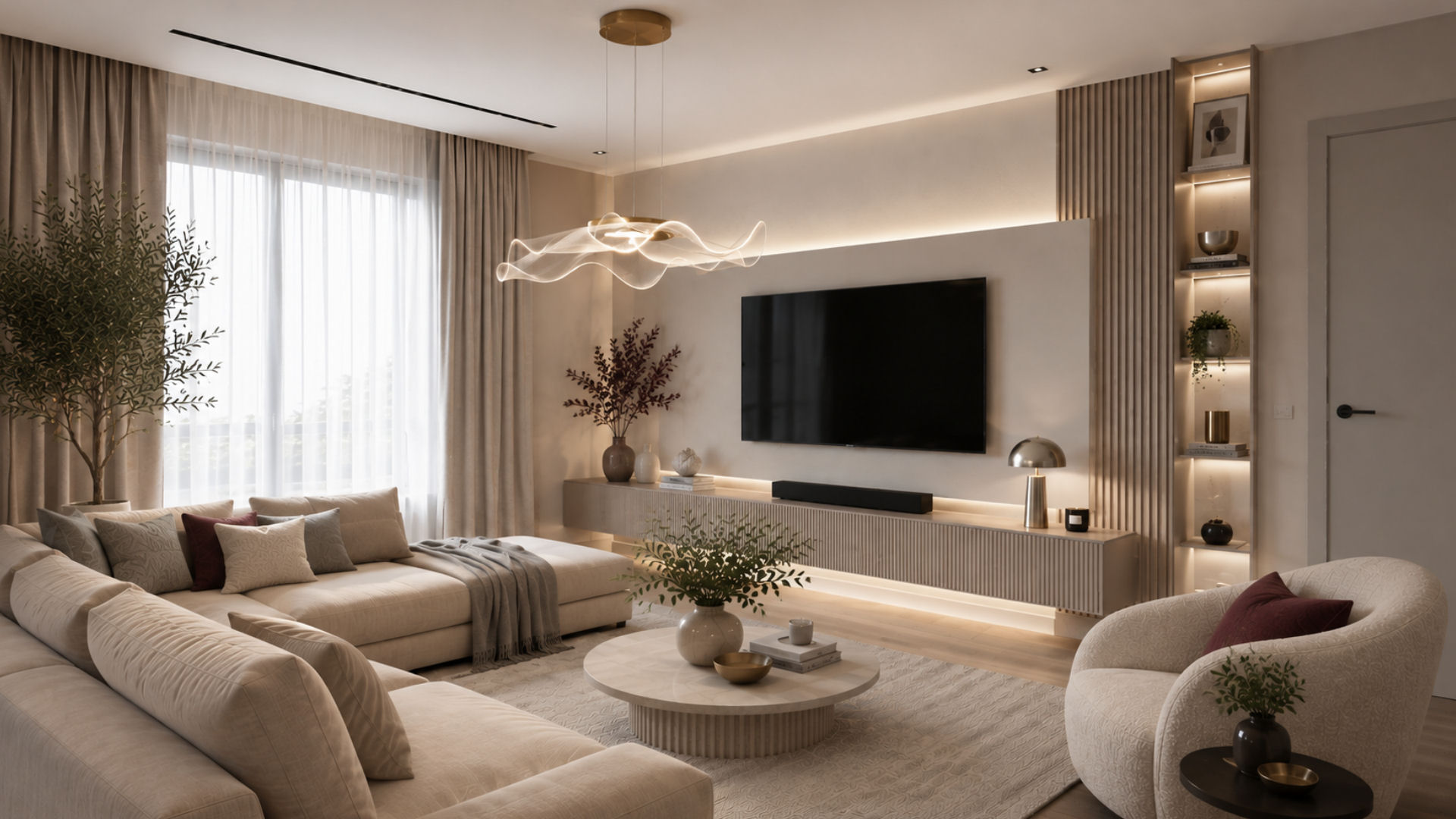 Jasny salon w odcieniach beżu, bieli i szarości – projektowanie wnętrz Lublin