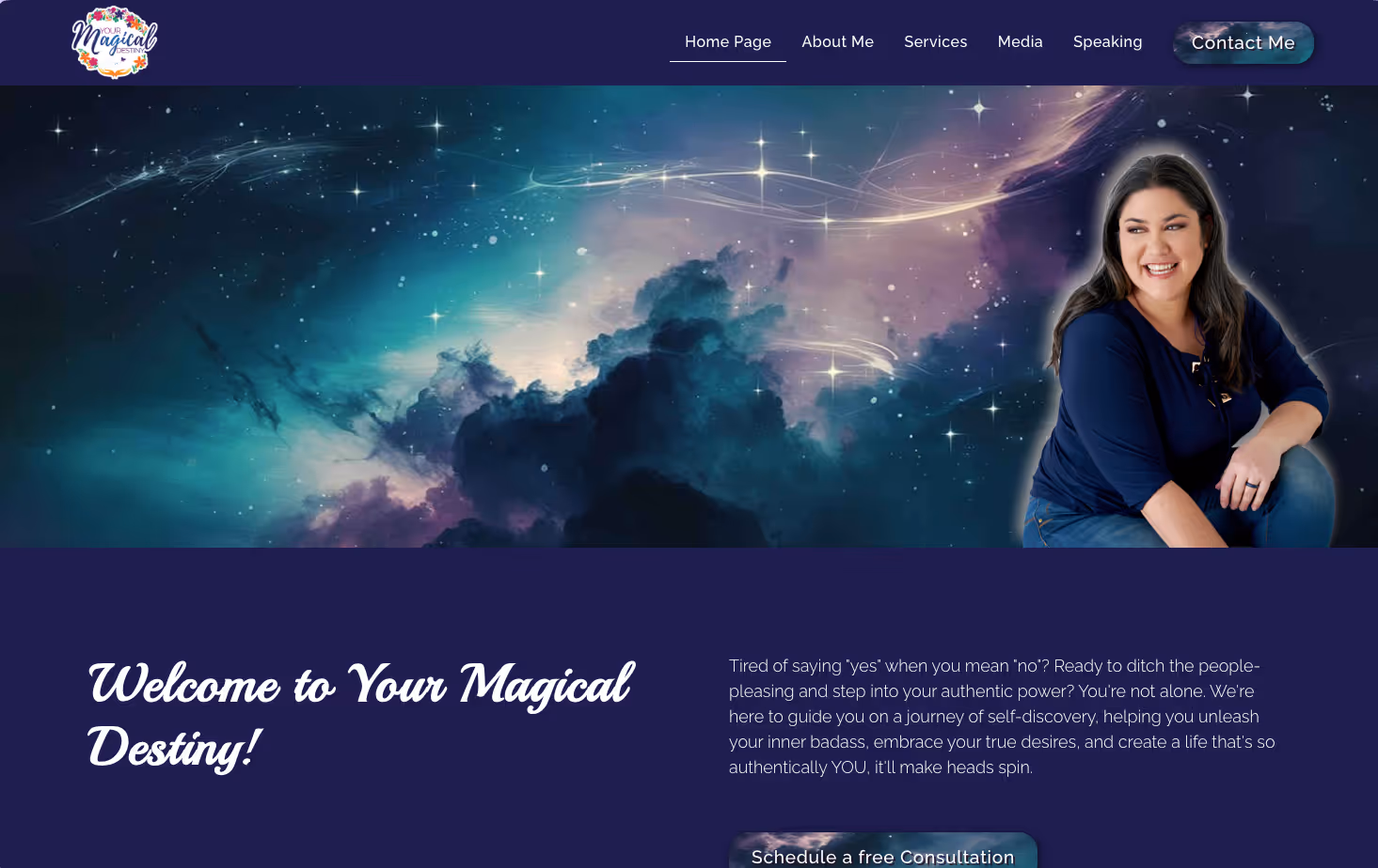 Woman against starry cosmic background with magical destiny website