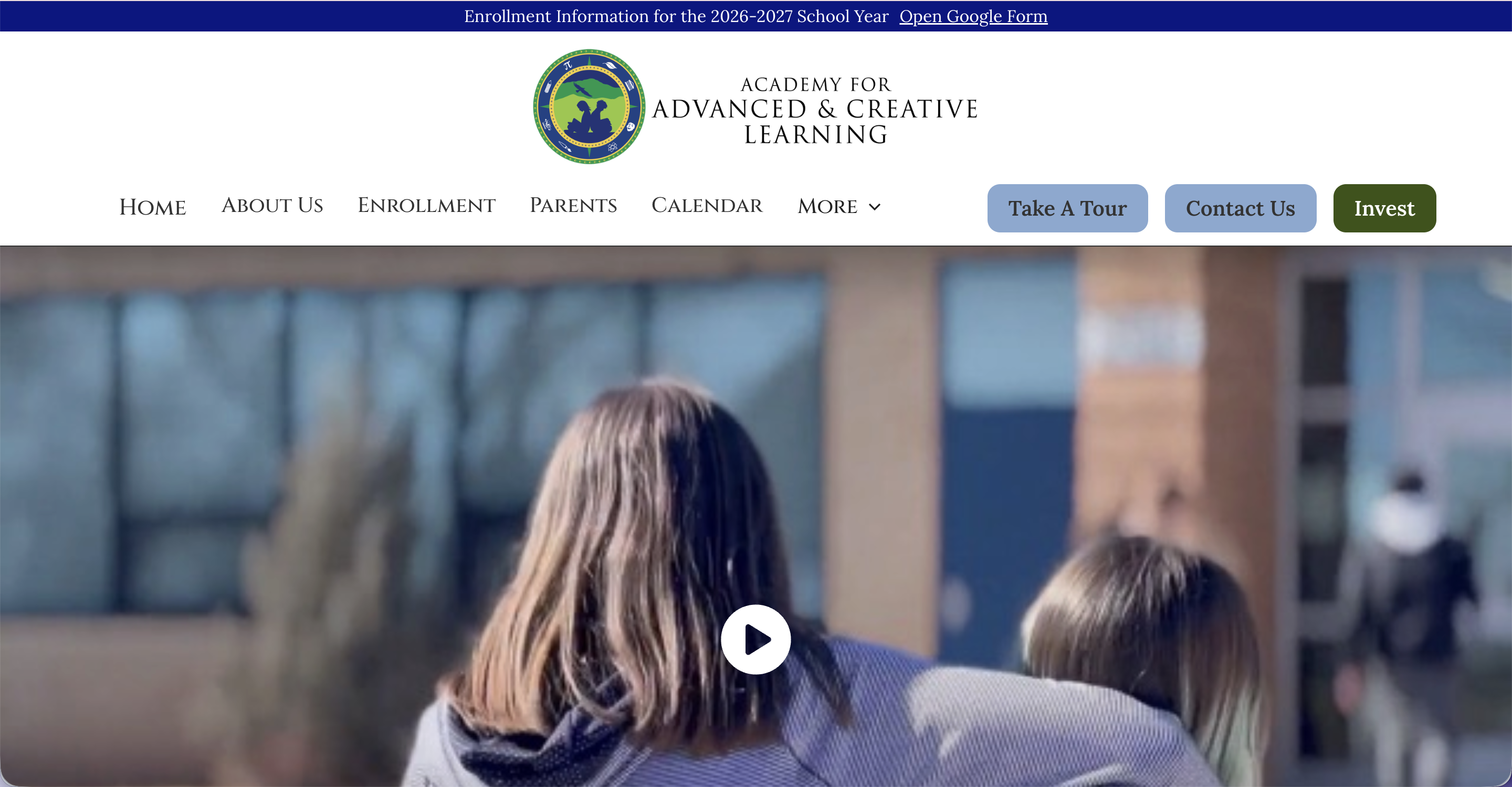Academy for Advanced Creative Learning website header with enrollment information and navigation menu