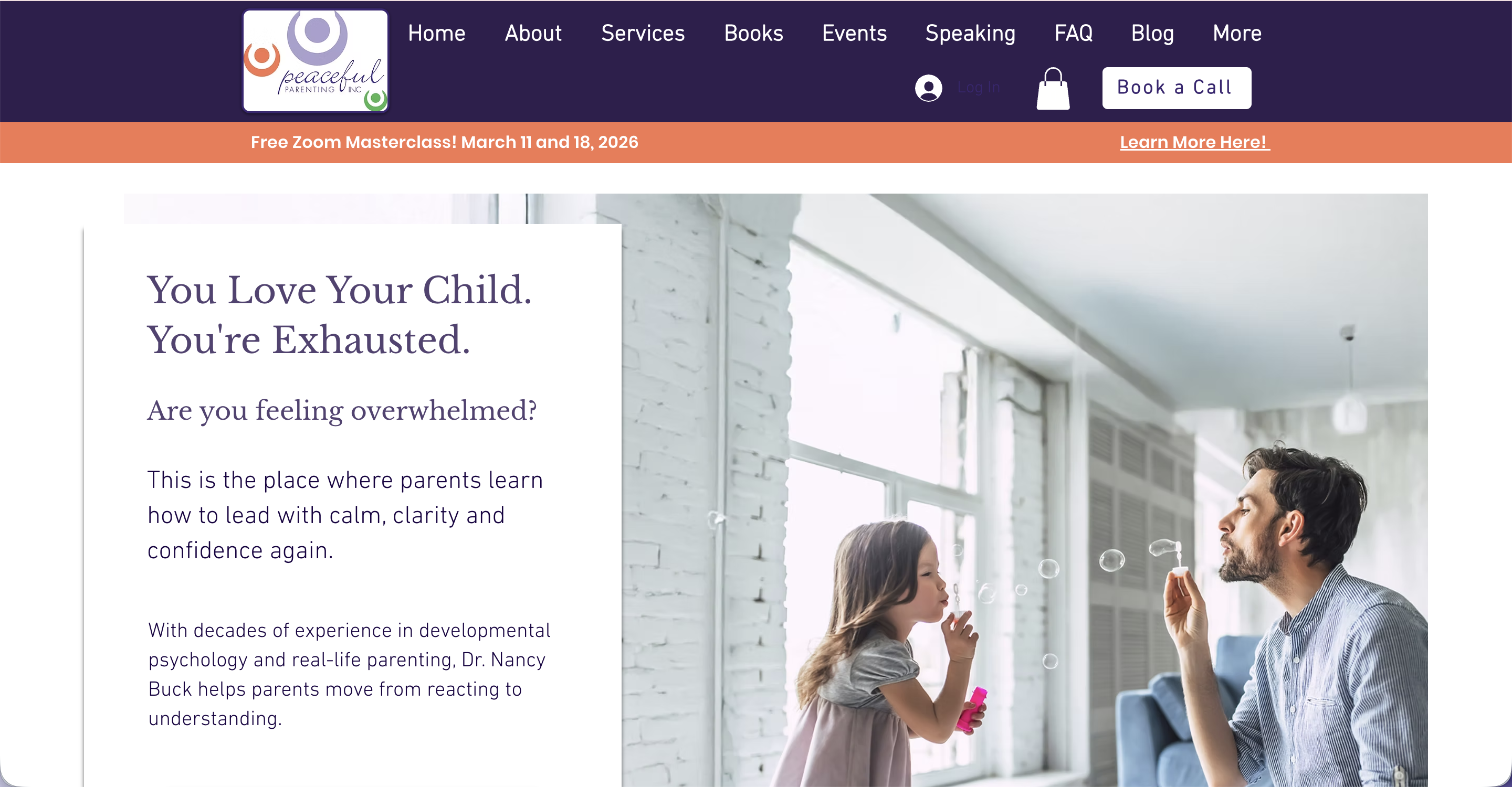 Father and daughter blowing bubbles at home by bright window. Peaceful Parenting website.