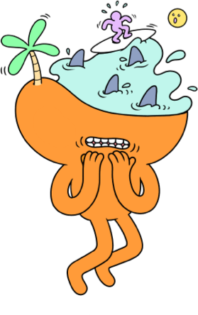 Orange character with a palm tree head looks anxious, with ocean, sharks, and a surfer inside its head.