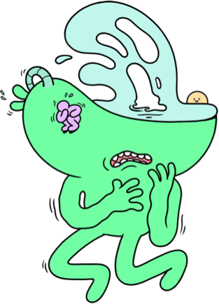 Green creature with a worried expression clutching its chest as black and white storm-like shapes emerge from its head.