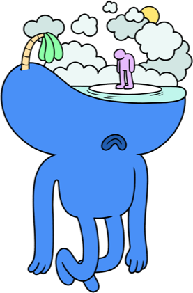 Blue human-shaped figure with open head, inside which a small purple figure stands on a platform surrounded by clouds and a palm tree, suggesting introspection or mental space.
