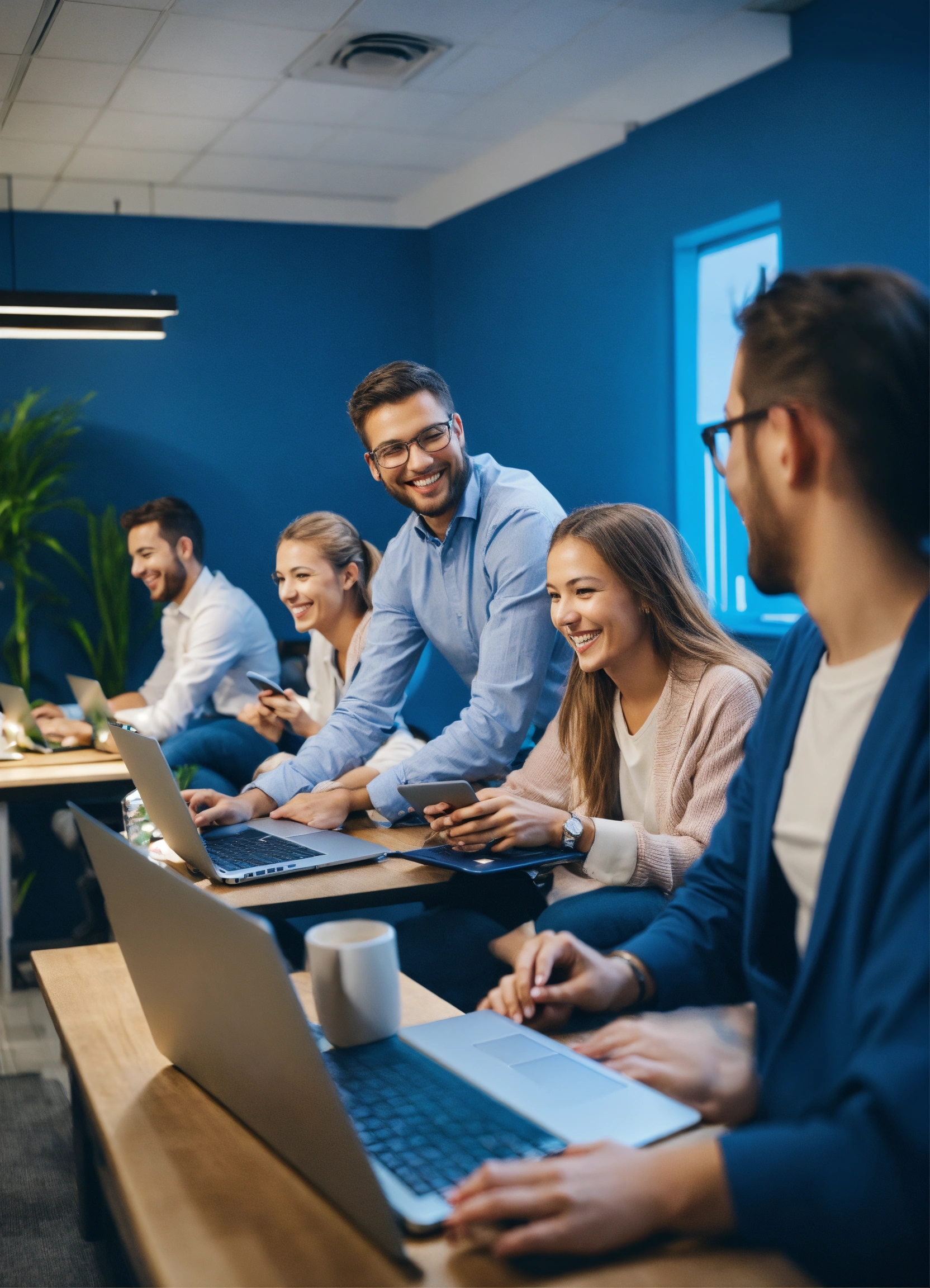 Group of young professionals smiling and collaborating on laptops in a modern office with blue walls.