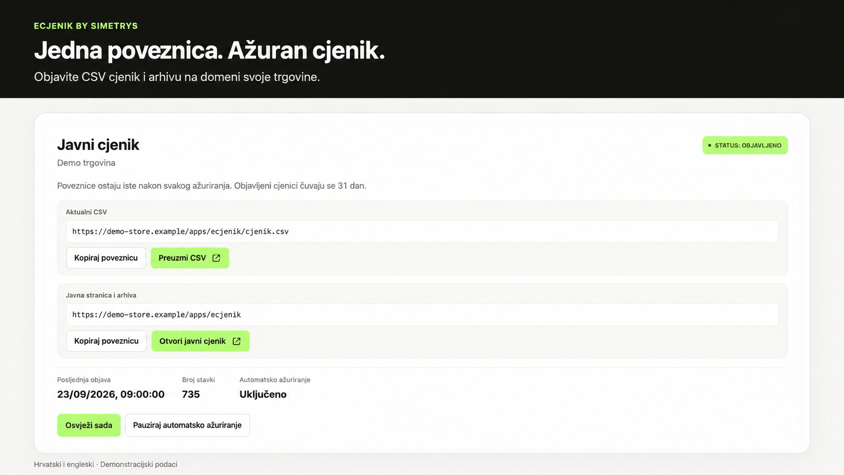 Javni CSV cjenik, arhiva i automatska objava u eCjeniku