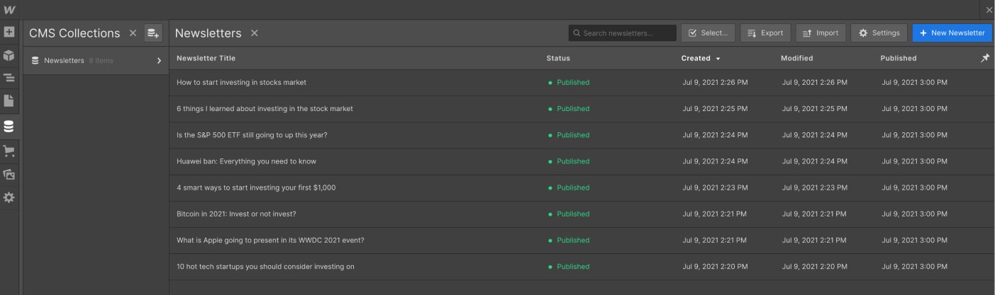 CMS Collection - Newsletter X Webflow Template
