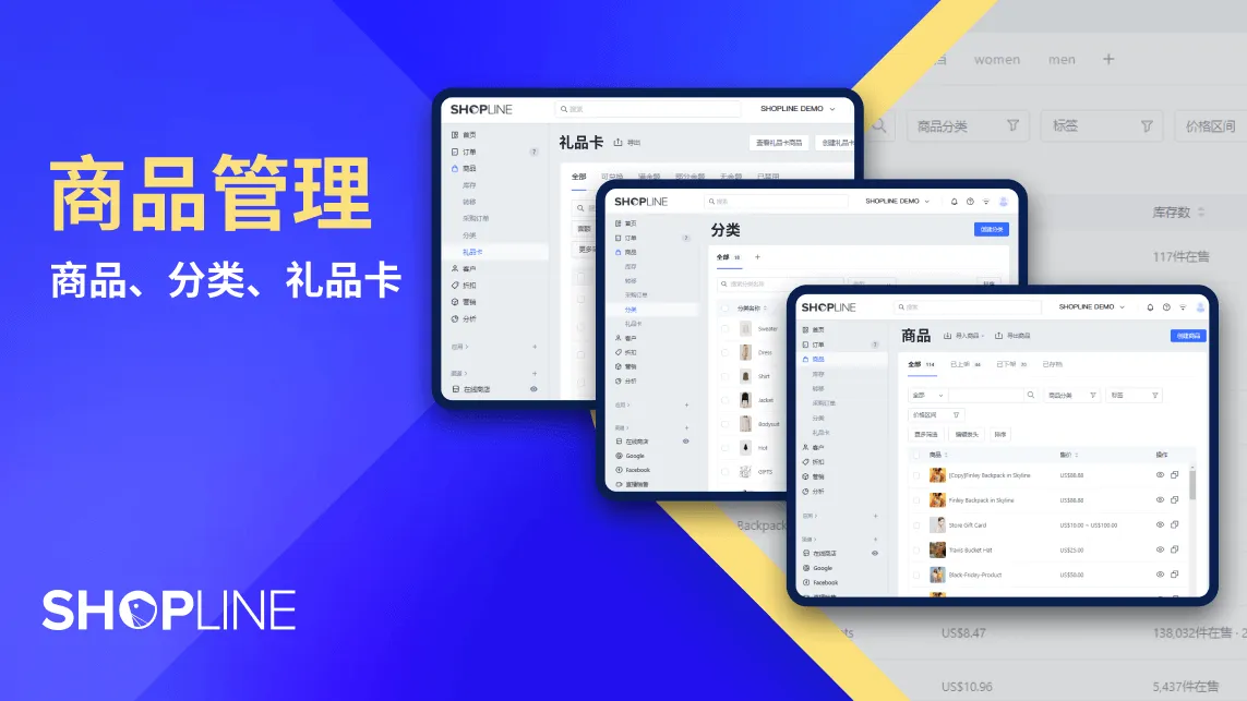 Three overlapping screens displaying SHOPLINE product management interface with categories, products, and gift cards sections on a blue and yellow background.