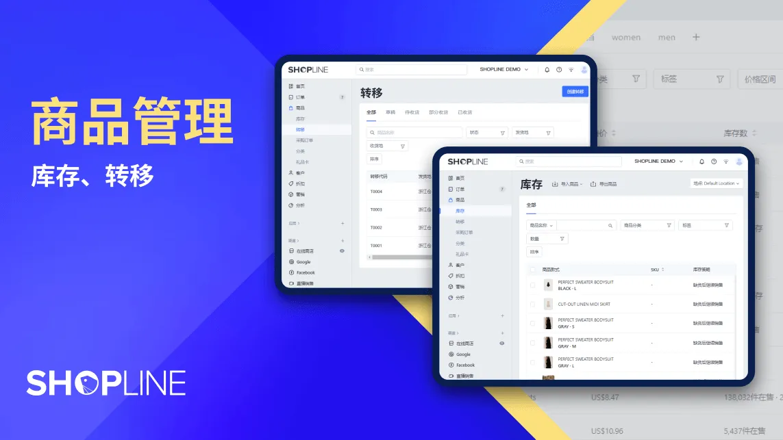 Two SHOPLINE software interface windows showing product inventory and transfer management features on a blue and yellow background with Chinese text.