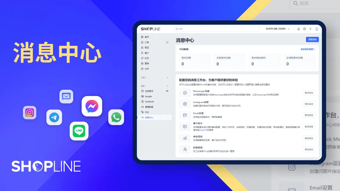 SHOPLINE platform message center interface displaying integrations with various messaging apps like Instagram, Telegram, Messenger, WhatsApp, and LINE on a blue background with Chinese text.