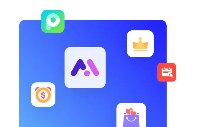 Collection of colorful app icons on a blue gradient background, including a crown, a shopping bag with hearts, a dollar alarm clock, a calendar, and a purple and pink letter A logo.