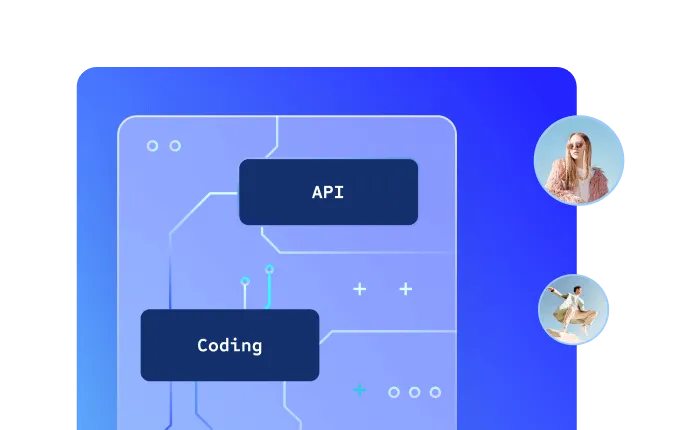 Digital illustration showing two dark blue blocks labeled 'API' and 'Coding' on a blue gradient background with circuit-like lines, accompanied by two circular images of a woman and a man on the right.