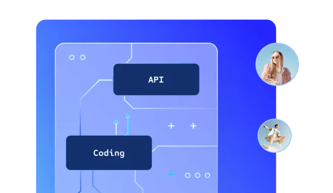 Digital graphic with blue background showing interconnected boxes labeled 'API' and 'Coding' with two small circular photos of a woman and a man on the right.