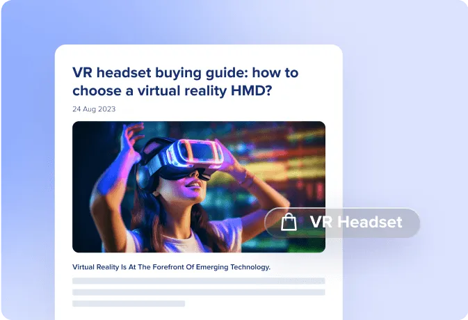 Woman wearing a VR headset with colorful neon lights in the background, accompanied by text about a VR headset buying guide.