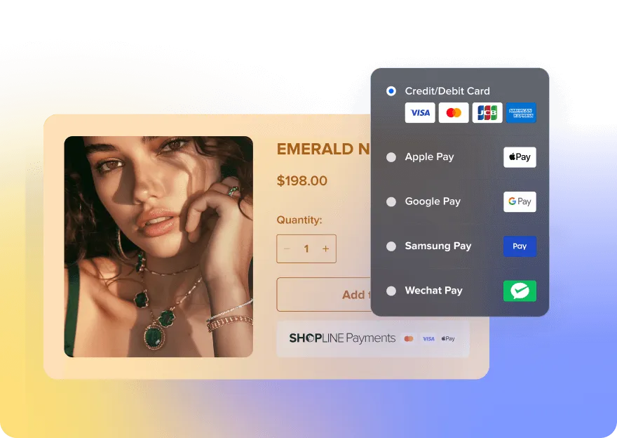E-commerce checkout interface displaying an emerald necklace priced at $198 with quantity adjustment and multiple payment options including credit/debit cards, Apple Pay, Google Pay, Samsung Pay, and Wechat Pay.
