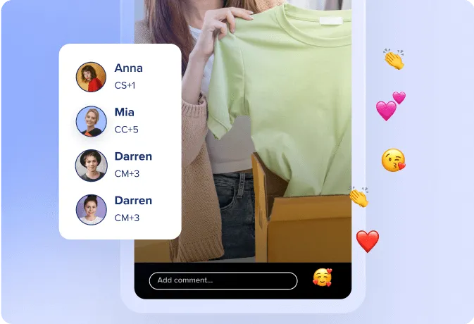 Person holding up a light green shirt above an open box with a social media comment section showing four user avatars and names, alongside various emojis including clapping hands, hearts, and a face blowing a kiss.