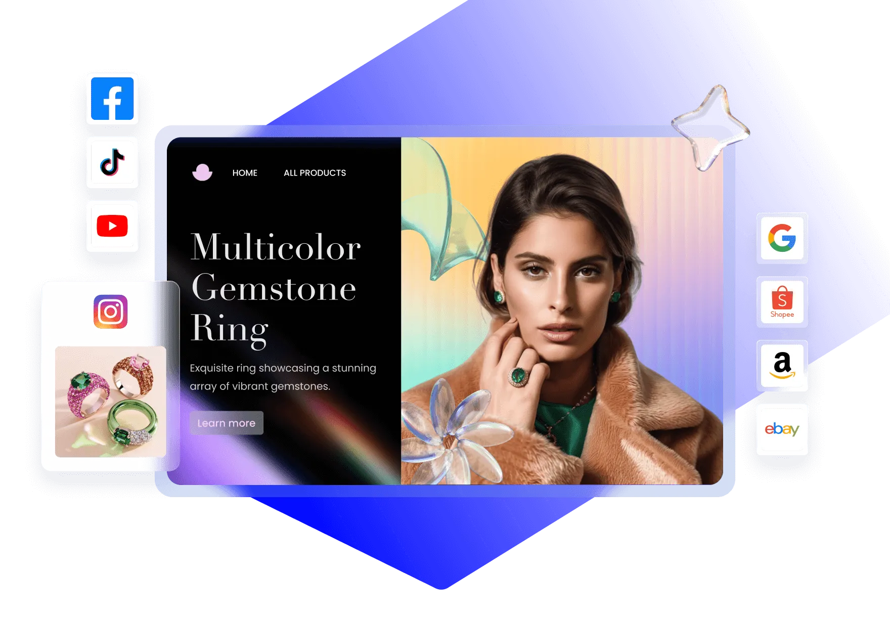 Website banner showing a woman wearing a multicolor gemstone ring and matching earrings, with social media icons on left and e-commerce platform icons on right.