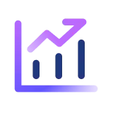 Bar chart with three vertical bars and a line graph with an upward arrow indicating growth.