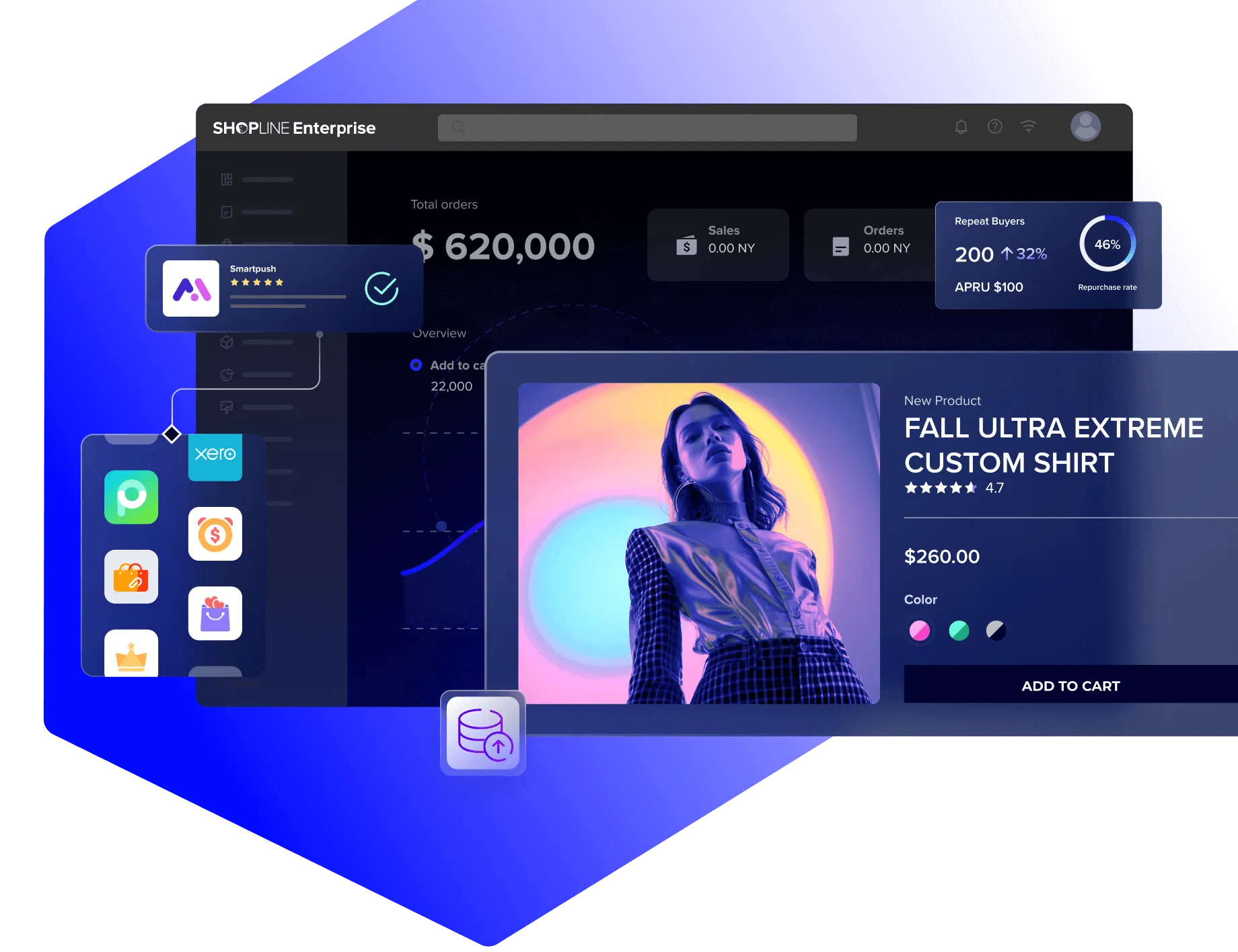 E-commerce dashboard showing total orders of $620,000 with a product card for a Fall Ultra Extreme Custom Shirt priced at $260 plus color options and add to cart button.