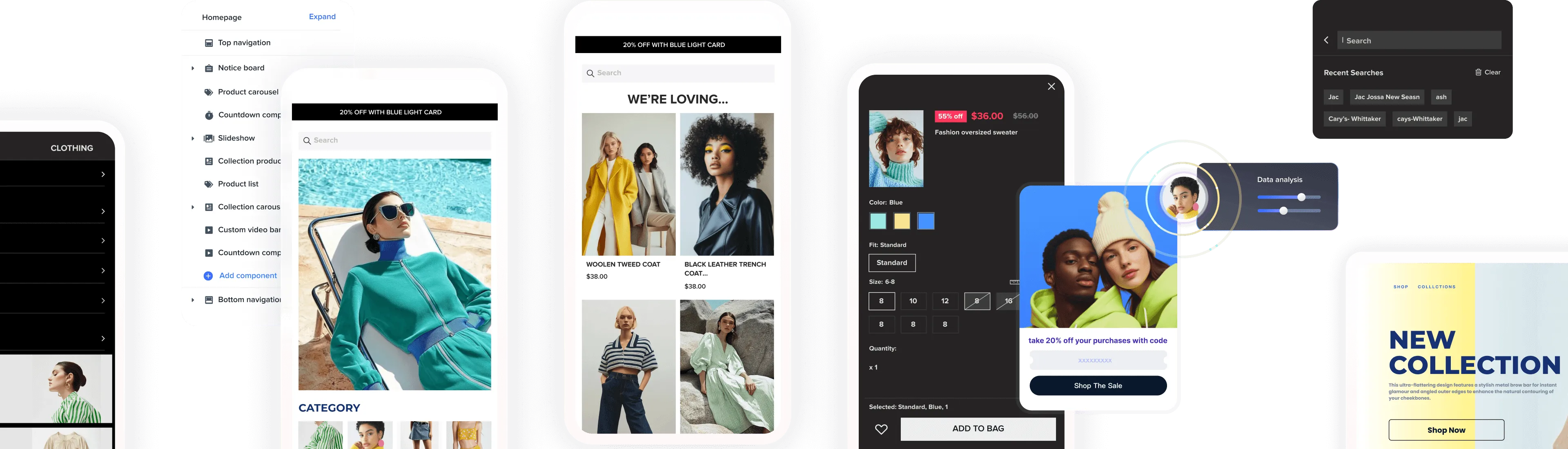 Collage of mobile screens showing a fashion shopping app with product browsing, search, category selection, product details, and promotional discounts.
