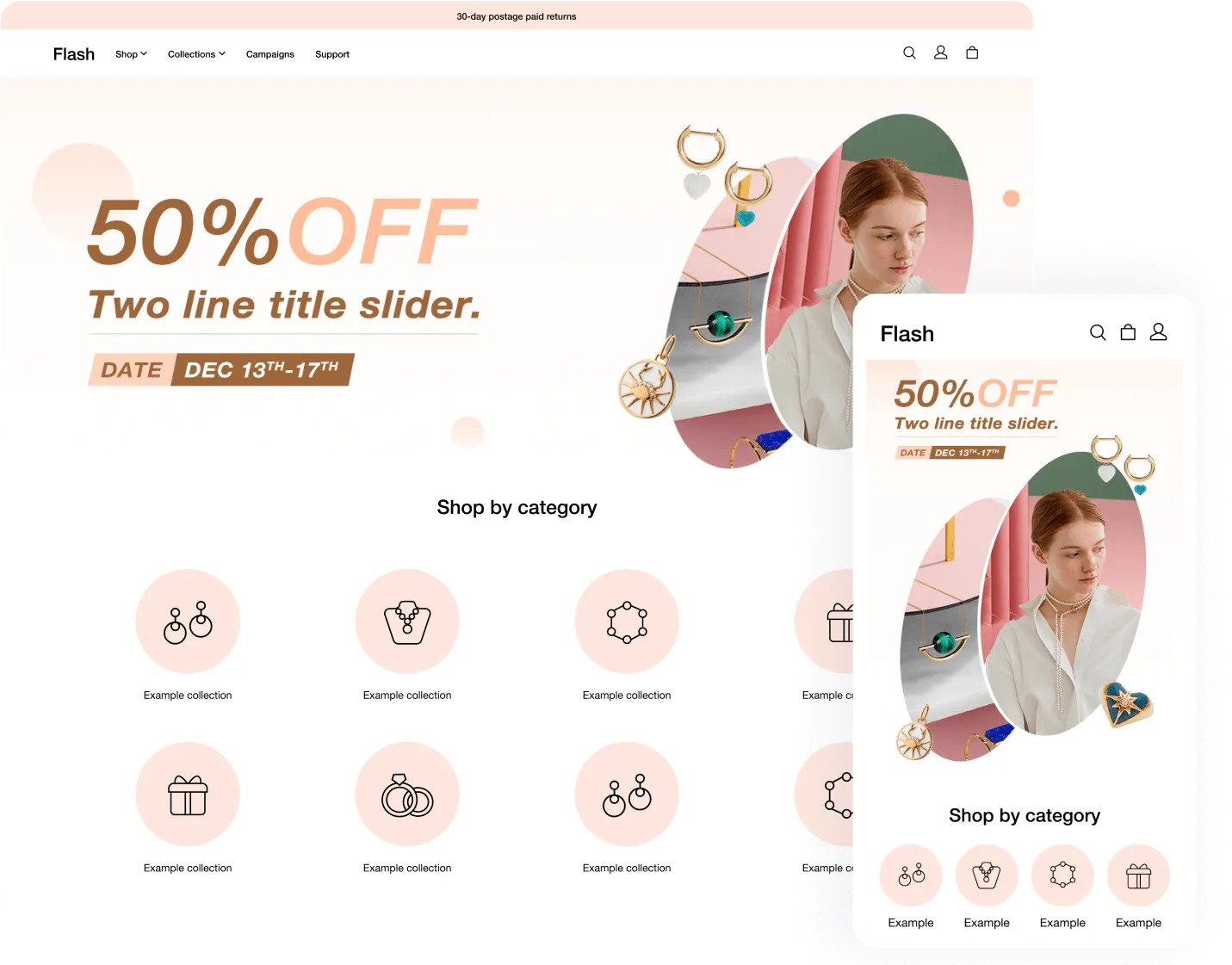 Website homepage showing a 50% off sale with a woman, jewelry images, and shop by category icons for collections.