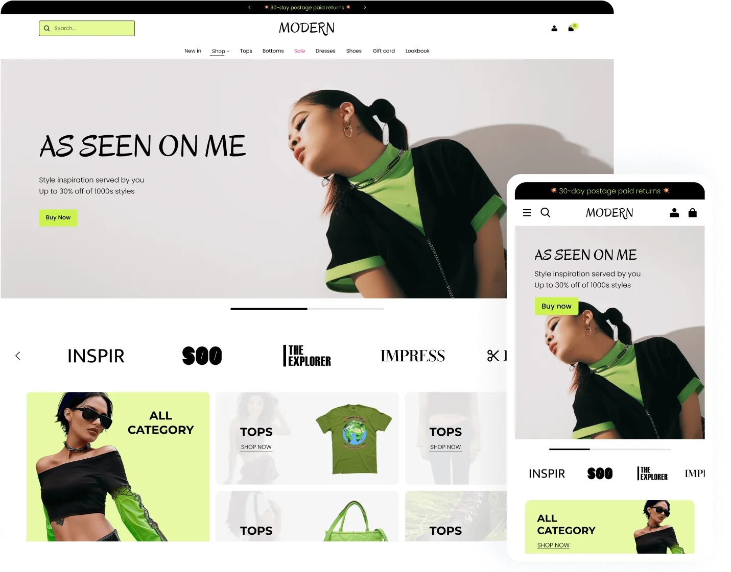 Fashion website homepage showing a woman in a black and neon green outfit with text 'AS SEEN ON ME' and a buy now button, displayed on desktop and mobile screens.