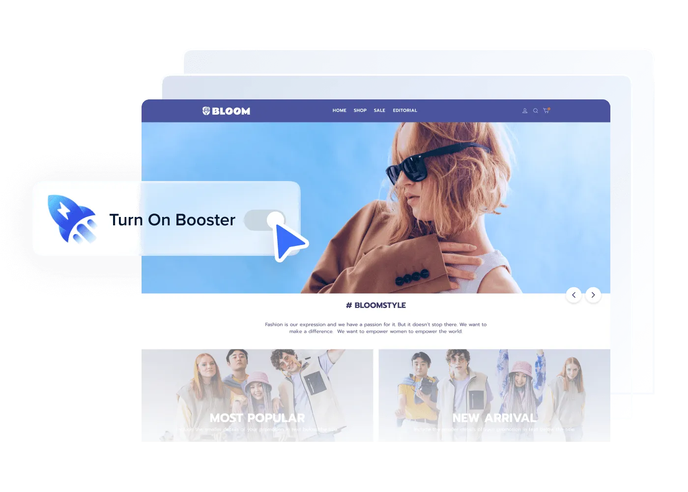 Fashion website homepage with a woman wearing sunglasses and a toggle switch labeled 'Turn On Booster' being clicked.