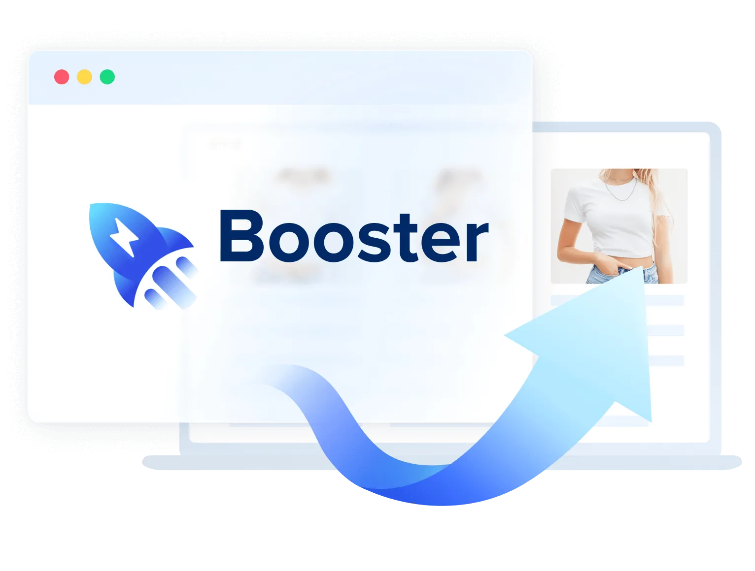 Illustration of a laptop with a pop-up window displaying a blue rocket icon and the word 'Booster' alongside a blue arrow pointing to a cropped photo of a woman in a white shirt.