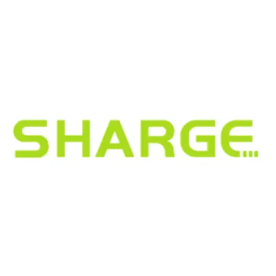 SHARGE logo in lime green text on a white circular background.