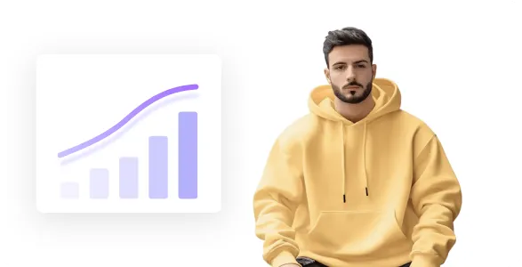 A man with dark hair and a beard wearing a yellow hoodie sitting next to a graphic showing a purple upward bar chart with a curved line.
