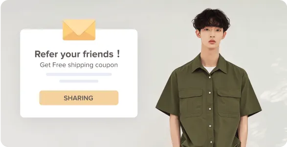 A young man in an olive green shirt stands beside a referral promotion card offering a free shipping coupon with a sharing button and envelope icon.