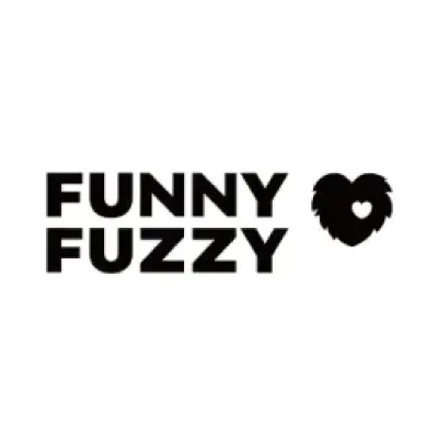 Black text reading 'FUNNY FUZZY' next to a black silhouette of a fluffy dog's head with a heart shape in its face area.