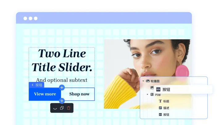 Website slider editor interface showing a two-line title, optional subtext, view more and shop now buttons, and a photo of a woman in a yellow sweater with pink earrings.