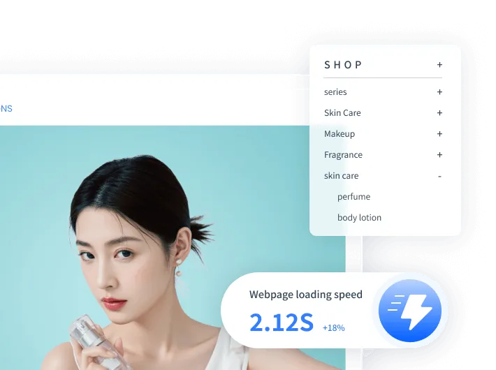 E-commerce webpage segment featuring a woman holding a product, a dropdown menu listing skincare and beauty categories, and a webpage loading speed indicator of 2.12 seconds.