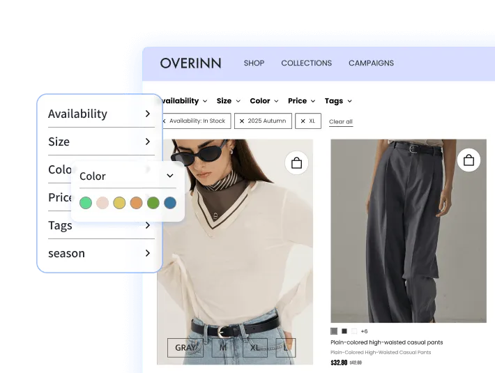 Fashion online shop webpage showing a woman wearing a white sweater and sunglasses, next to an image of plain-colored high-waisted casual pants with filtering options for availability, size, color, price, and tags.
