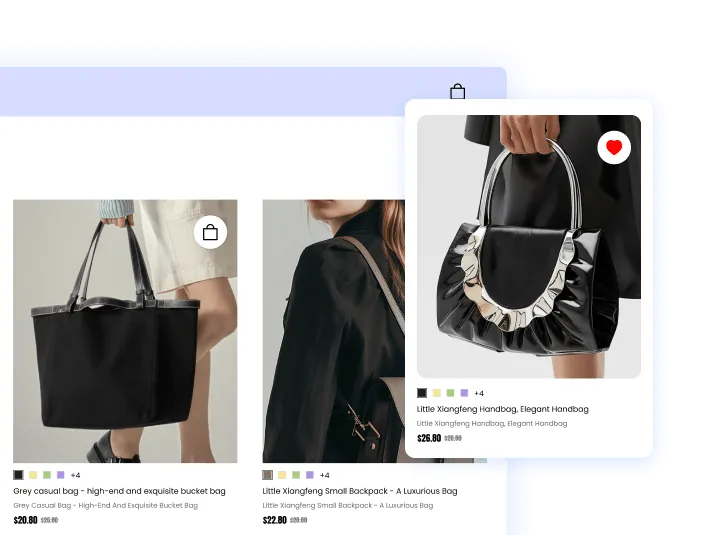 Three stylish handbags displayed: a grey casual bucket bag held by a person, a small black backpack worn by a woman in a black jacket, and a shiny black elegant handbag with a metallic silver decorative element.