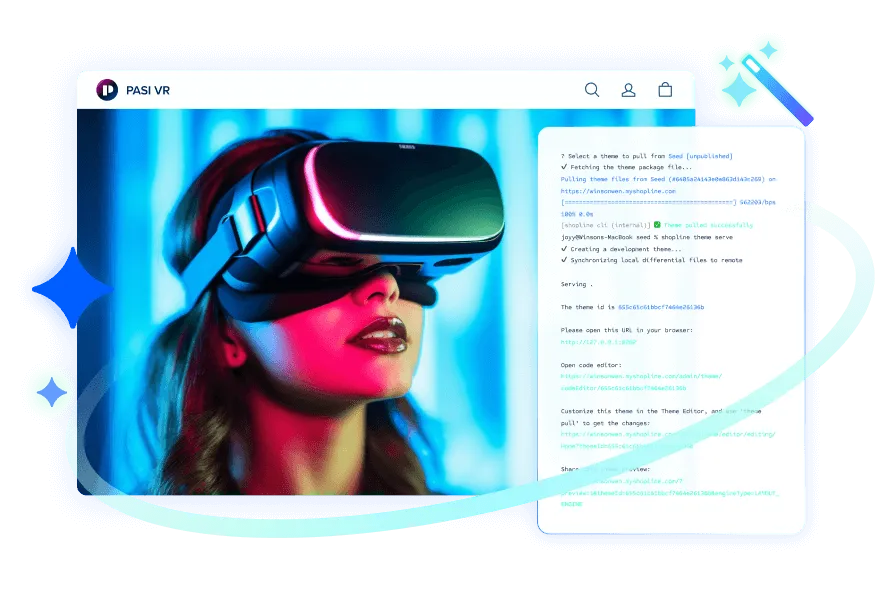 Woman wearing a VR headset illuminated with blue and pink lights alongside a code editor interface and a wand graphic.