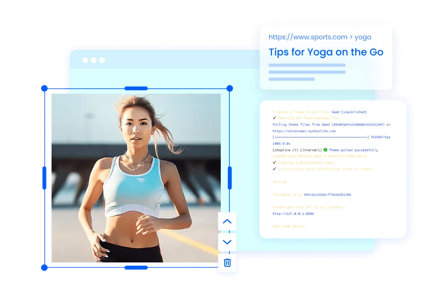Young woman jogging outdoors in a white sports bra and black shorts, with a webpage overlay showing a 'Tips for Yoga on the Go' link and code snippet.