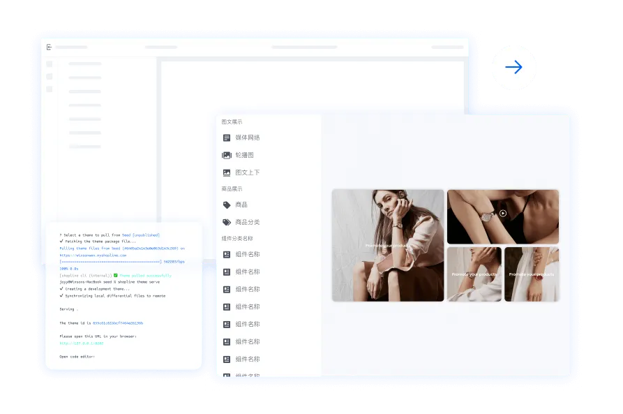 User interface showing a theme editor with text navigation in Chinese on the left and product image layout preview on the right.