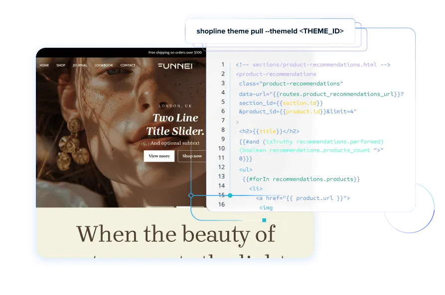 Website homepage with a close-up portrait of a woman wearing earrings, featuring the text 'Two Line Title Slider' and a code snippet for 'shopline theme pull --themeId <THEME_ID>'.