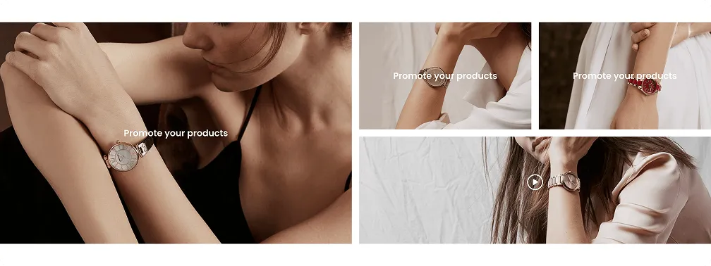 Close-up of women's wrists wearing elegant wristwatches, each image featuring different watch designs and posing styles with 'Promote your products' text overlay.