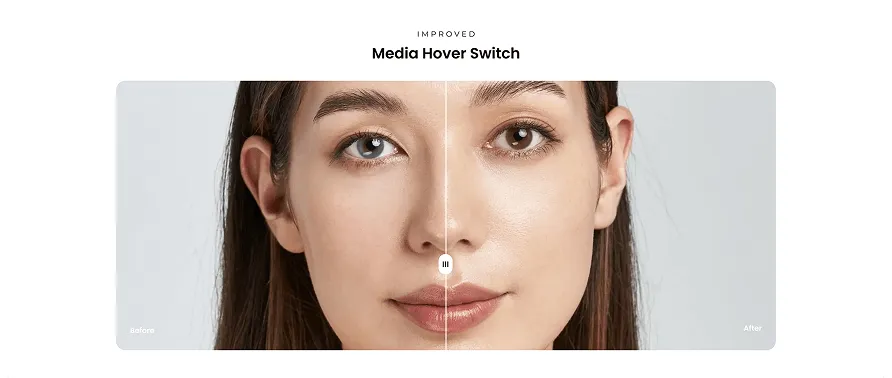 Close-up of a woman's face showing a side-by-side comparison with a media hover switch, left side labeled Before with a blue contact lens and right side labeled After with natural brown eyes.