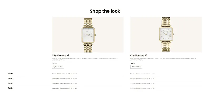 Two gold wristwatches with rectangular faces displayed side by side under 'Shop the look' heading, each labeled City Vanture X1 with $575 price and option to add to cart.