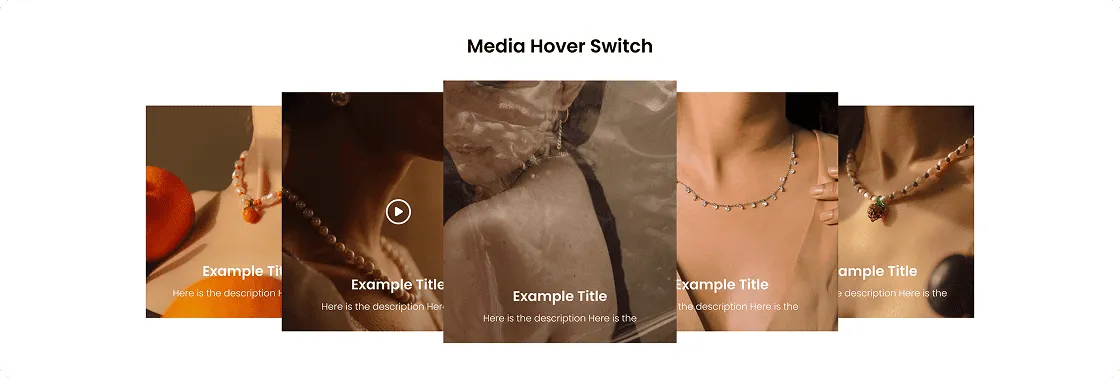 A media hover switch interface showing five overlapping images, each featuring a close-up of a necklace worn on a neck with example title and description text.