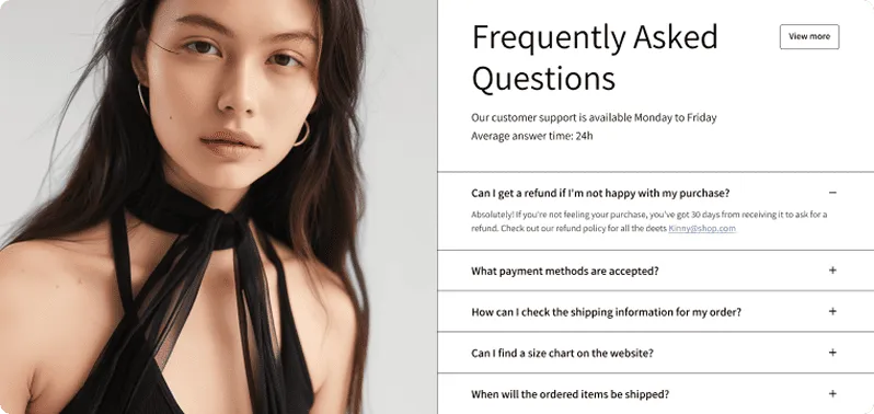 Young woman with long dark hair wearing a black halter top on the left, and a frequently asked questions section on the right with customer support details and expandable questions.