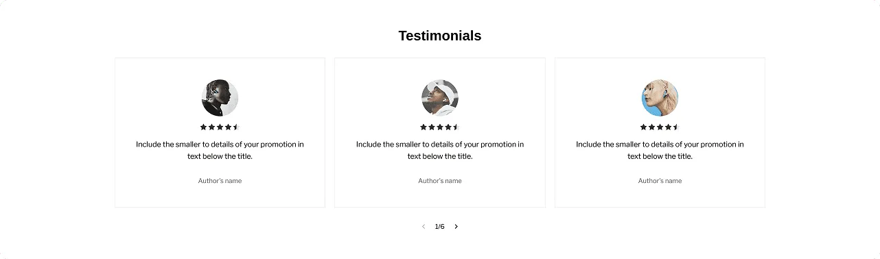 Three testimonial cards each with a circular profile photo, five-star rating, placeholder text, and author's name under the heading Testimonials.