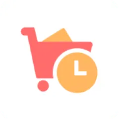 Red shopping cart icon with an orange clock symbol overlapping, indicating a timed or scheduled purchase.