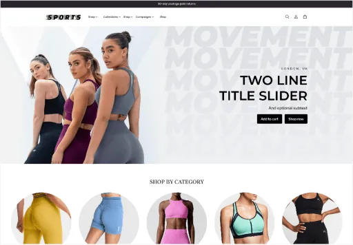 Three women in athletic wear posing side by side with text 'Two Line Title Slider' and buttons for Add to cart and Shop now.